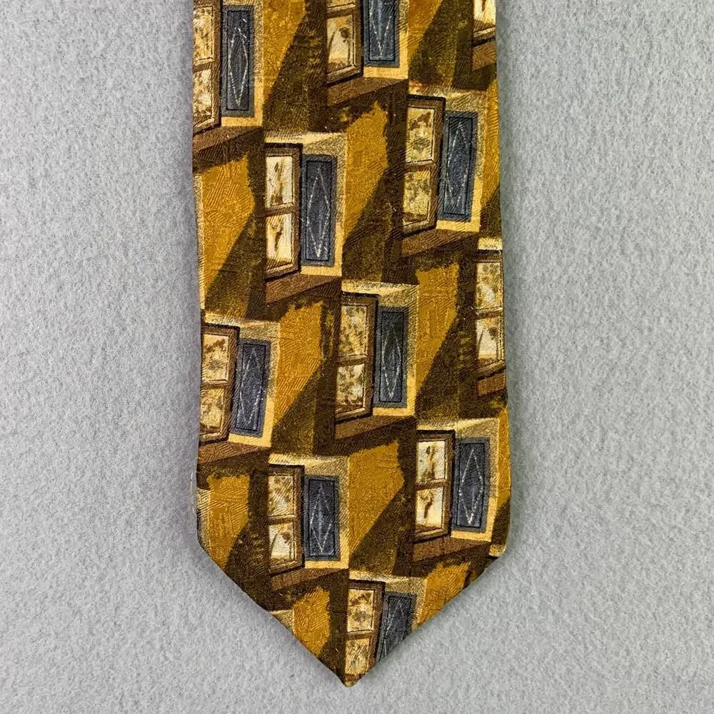 Ermenegildo Zegna Neck Tie Silk Gold Blue Geometric Windows Made In Italy Mens